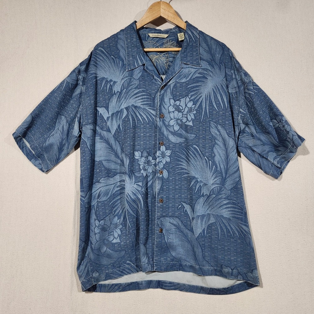 Tommy Bahama Men XXL Blue 100% Silk Tropical Floral Jacquard Camp Shirt Vacation